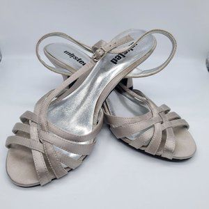 Unlimited Silver Fabric Strappy Kitten Heels, Size 7.5